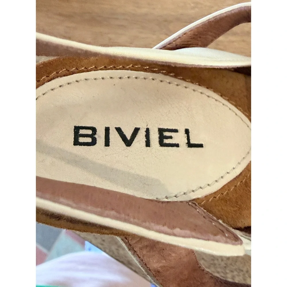 Biviel Italian‎ Cream Leather Pleated Platform Block Heel Slingback Sandals 39